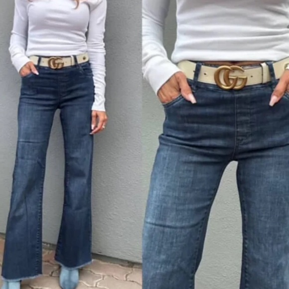 Bevy Flog Amanda Denim High Rise Straight Wide Leg Pull On Jeans Raw Hem Blue - Picture 7 of 14